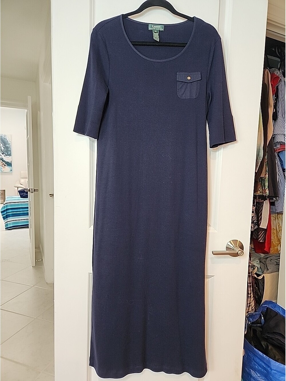 RALPH LAUREN Navy Blu Long Maxi Cotton Knit Women's M Column Casual Dress MINT